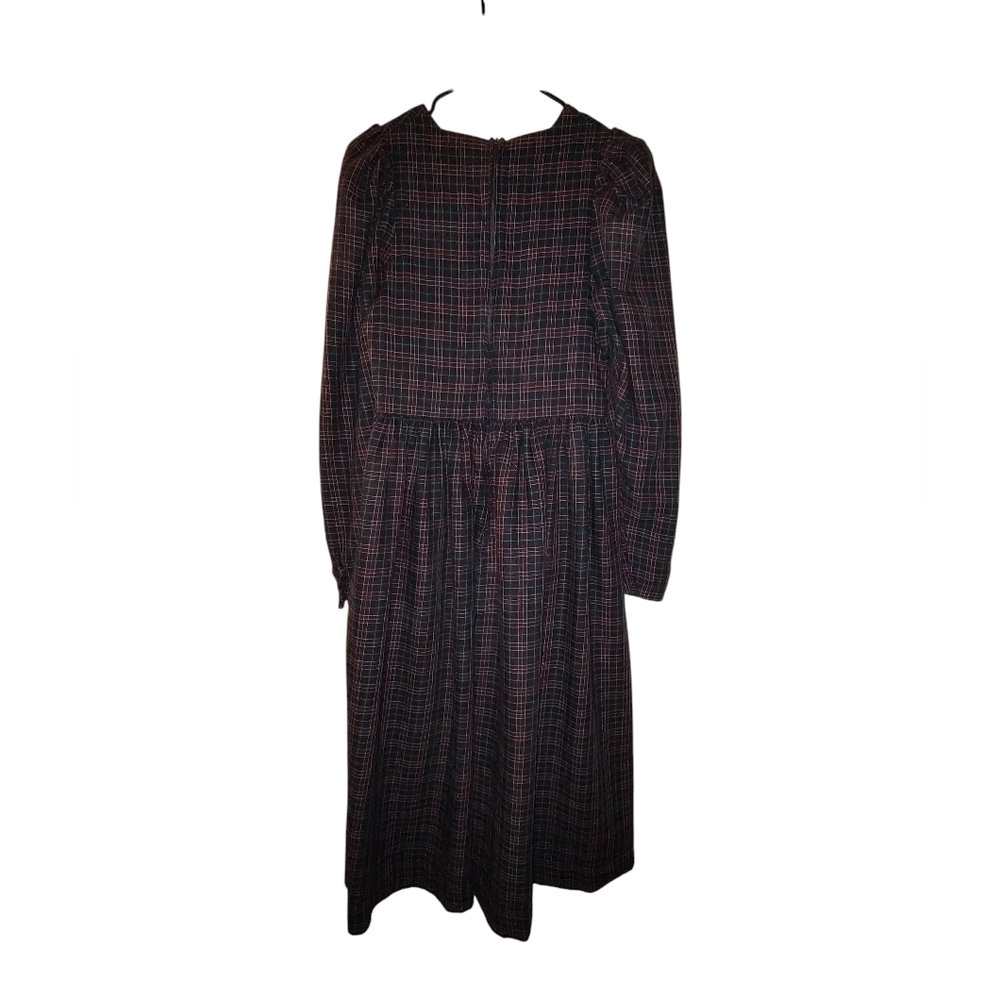 Laura Ashley Vintage Dark Plaid Long Sleeve Prairie Dress - Picture 3 of 5